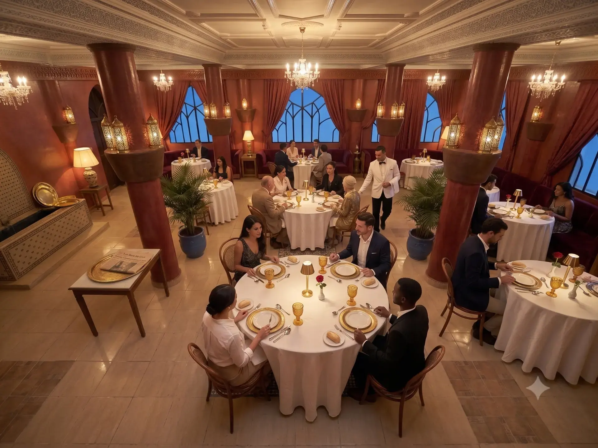 Dining room with terracotta pillars, arched windows at dusk and round tables in white linen