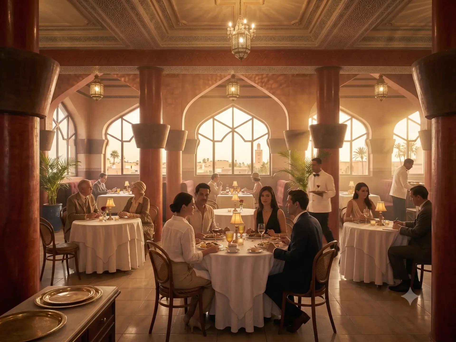 Dining room at golden hour with guests at white-clothed tables and a minaret through the windows