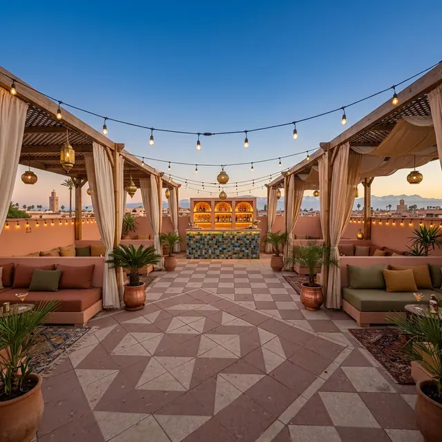 Rooftop terrace with geometric paving, string lights and pergolas overlooking Marrakech