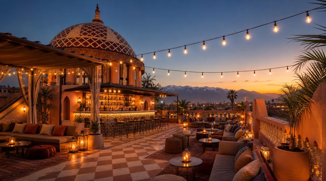 The lit tiled dome of La Coupole Rouge at dusk