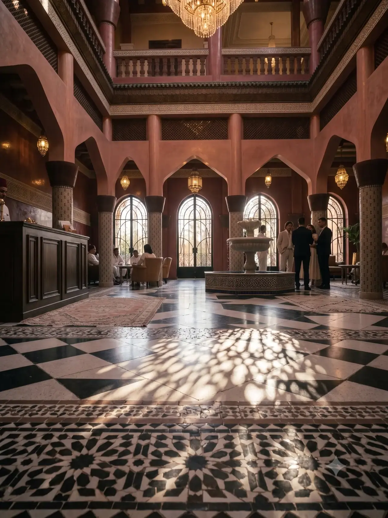 Low-angle view of the lobby with an indoor fountain, Moorish arches and afternoon light