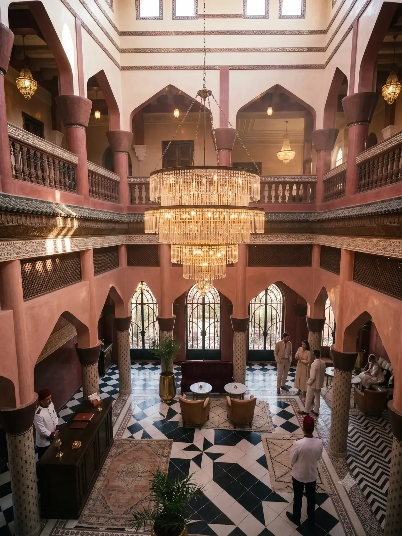 High-angle view of the lobby showing the chandelier, tiled floor and leather armchairs