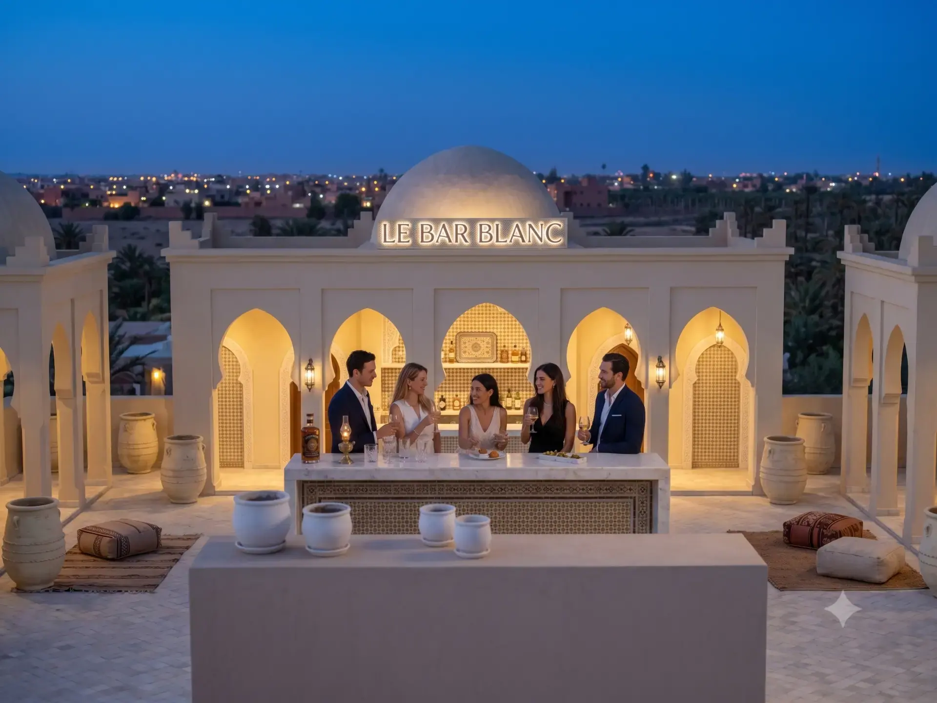 Rooftop bar with a central dome and Moorish arches, guests at a long white bar at twilight