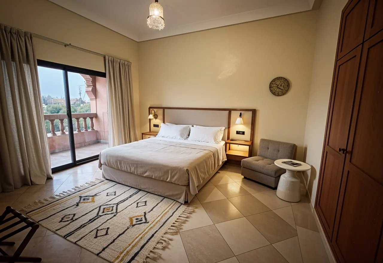 Hotel bedroom with cream lime walls, a large bed, terracotta floor tiles and a patterned rug