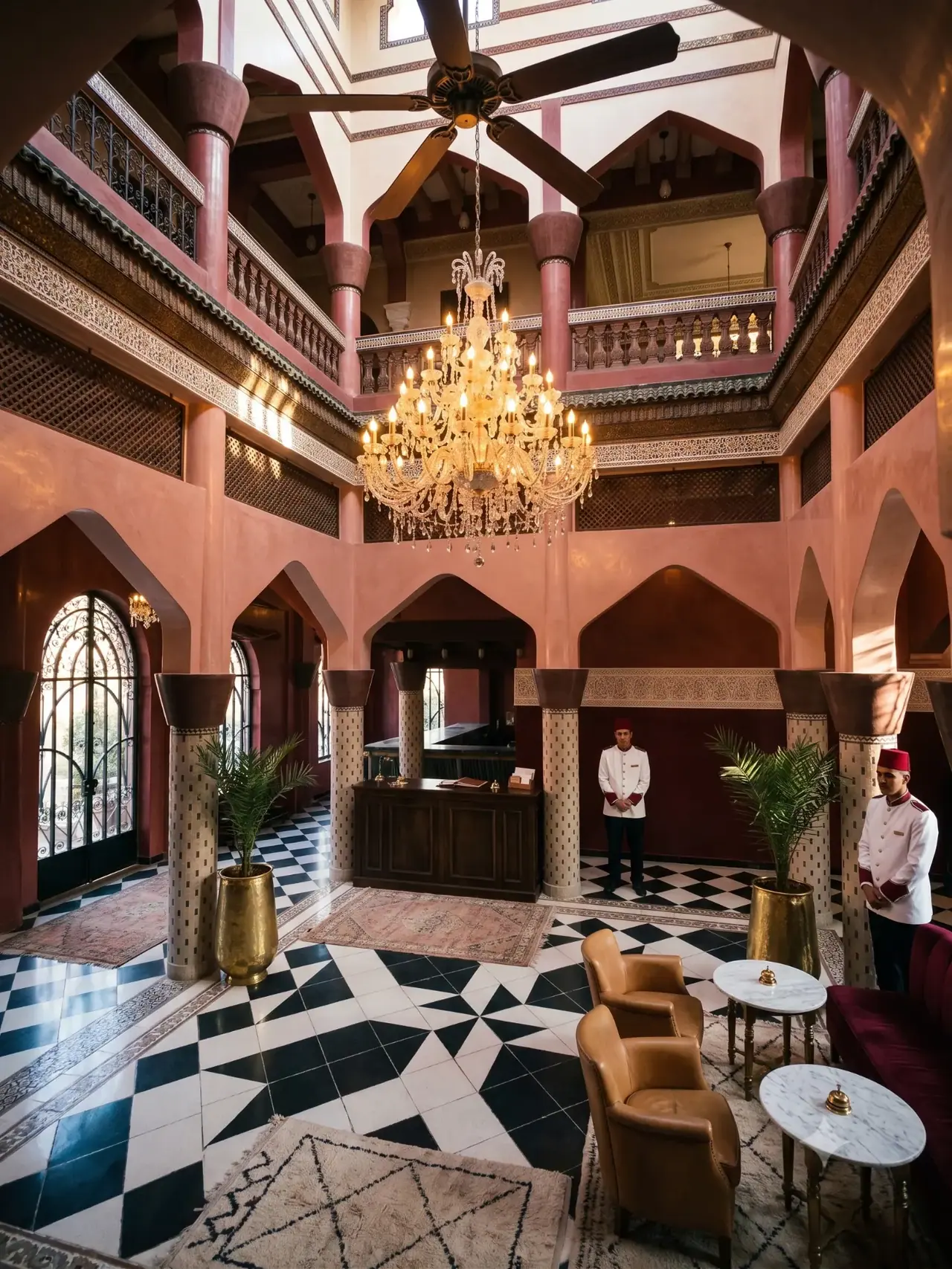 Grand hotel lobby with crystal chandelier, black-and-white tiled floor and rose walls