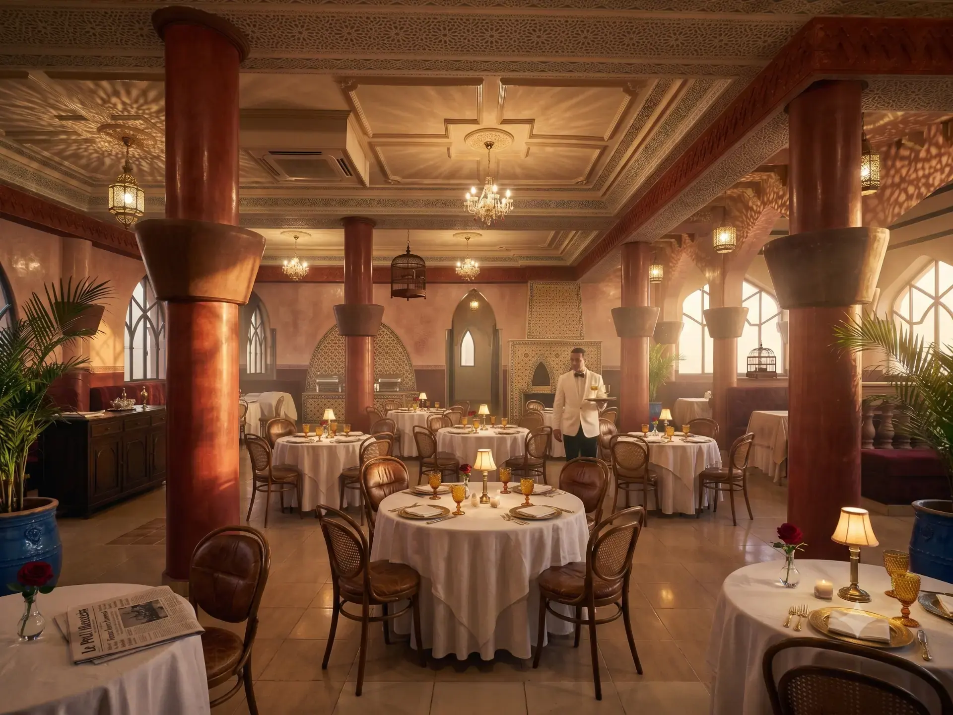 Dining room in soft sunset light showing the intricate ceiling and circular tables