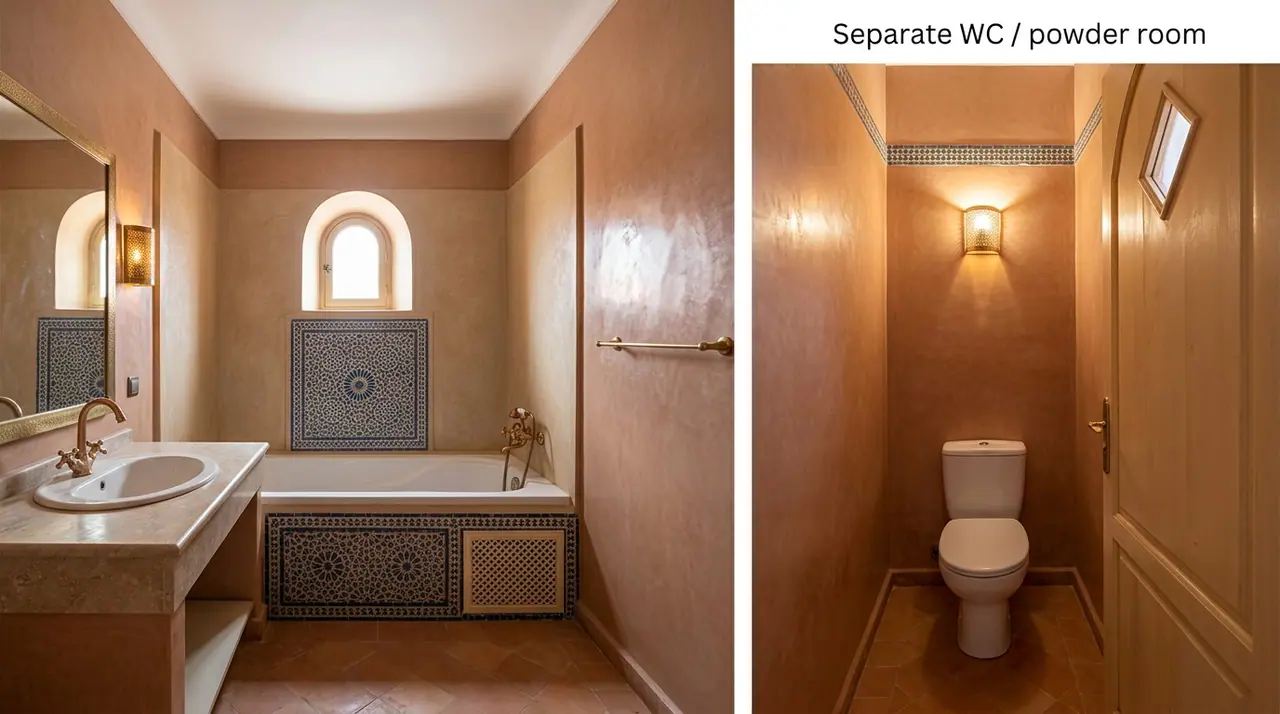 Bathroom with traditional blue tilework and a copper faucet beside a neutral powder room